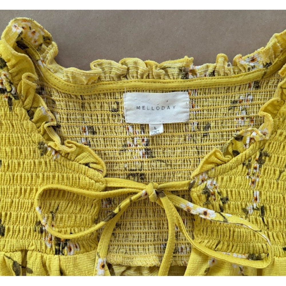 Melloday Yellow Floral Smocked Ruffle Neck Blouse Large Prairie Garden Peasant - Picture 2 of 9